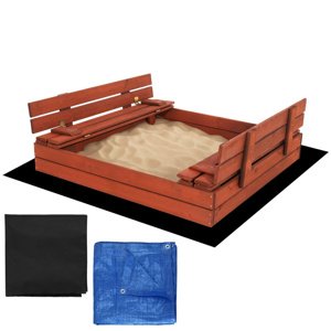 SPRINGOS Uzavreté drevené pieskovisko s lavičkami 120x120 cm – impregnované drevo, s plachtou a netkanou textíliou SBP120SET02