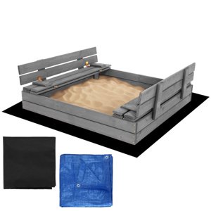 SPRINGOS Uzavreté drevené pieskovisko s lavičkami 120x120 cm – impregnované drevo, s plachtou a netkanou textíliou SBP120SET01