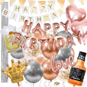 Sada narodeninových balónov  "Happy Birthday" SPRINGOS PS0035 - strieborno-ružová