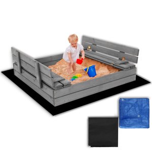 SPRINGOS Uzavreté drevené pieskovisko s lavičkami 120x120 cm – impregnované drevo, s plachtou a netkanou textíliou SBP120SET01X