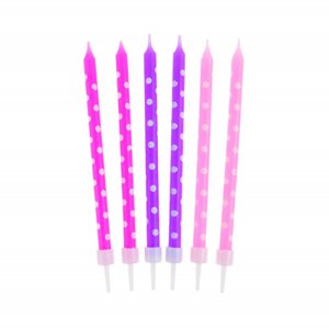 Tortové sviečky 24 ks ružové a fialové s bodkami 11,5 cm