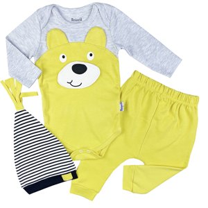 Miniworld 3dielny kojenecký set - Medvedík, žlto-sivý veľkosť: 68-74