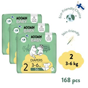 Moomin Baby 2 Newborn 3–6 kg (168 ks), mesačné balenie eko plienok