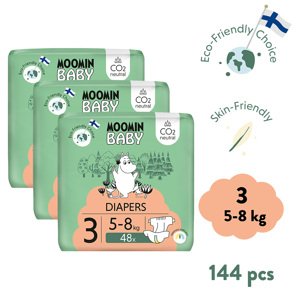 Moomin Baby 3 Midi 5–8 kg (144 ks), mesačné balenie eko plienok