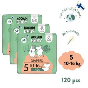 Moomin Baby 5 Maxi 10–16 kg (120 ks), mesačné balenie eko plienok