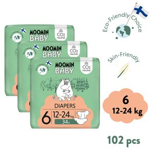 Moomin Baby 6 Maxi 12–24 kg (102 ks), mesačné balenie eko plienok
