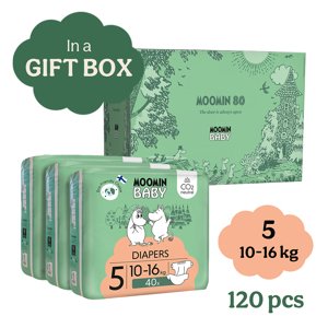 Moomin Baby 5 Maxi 10–16 kg (120 ks), jubilejné mesačné balenie eko plienok v darčekovom boxe