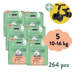 Muumi Baby 5 Maxi+ 10-16 kg (264 ks), 2-mesačné balenie eko plienok + Zopa Easy-Way Race odrážadlo ZADARMO