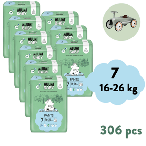 Muumi Baby Pants 7 XL 16-26 kg (306 ks),3x mesačné balenie nohavičkových eko plienok