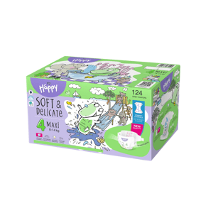 Bella Baby Happy detské plienky s kanálikmi Soft & Delicate veľkosť 4 (8-14 kg), krabica 2 x 62 ks