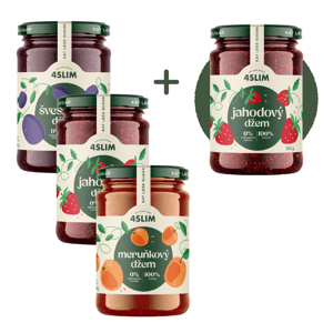 3+1 ZADARMO 4Slim: Mix 100 % džemov – Marhuľa, Slivka, Jahoda (280 g)