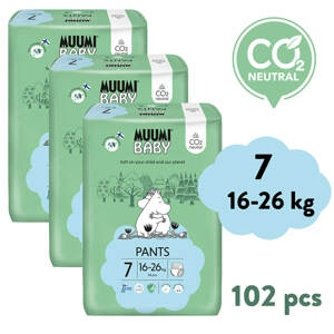 Muumi Baby Pants 7 XL 16-26 kg (102 ks), mesačné balenie nohavičkových eko plienok