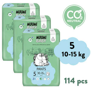 Muumi Baby Pants 5 Maxi+ 10-15 kg (114 ks), mesačné balenie nohavičkových eko plienok