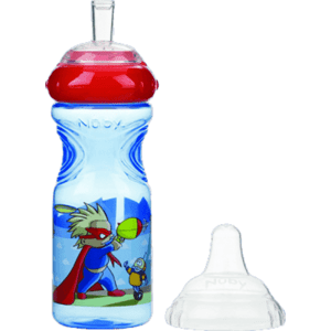NUBY Netečúca fľaša so silikónovým náustkom 300 ml, 9 m +, modrá s červeným viečkom – superhrdina