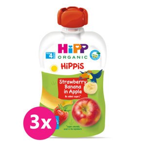 3x HiPP HiPPiS Príkrm ovocný BIO 100% ovocia jablko, banán, jahoda 100g