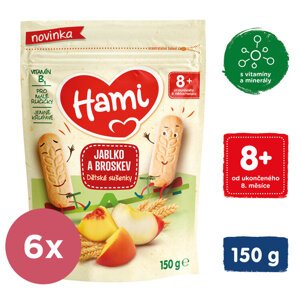 6x HAMI Sušienky detské jablko a broskyňa 150g, od uk. 8. mesiaca