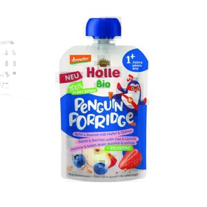 HOLLE Bio Penguin ovocné pyré jablko, čučoriedka, jahody, ovos, quinoa 110g (1r+)