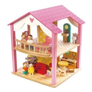 Drevený domček pre bábiku Pink Leaf House Tender Leaf Toys 22 dielov rotujúci s komplet vybavením a 4 postavičkami