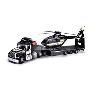 Ťahač s prívesom a policajná helikoptéra Mack Truck Police Helicopter Majorette so zvukom a svetlom s gumenými kolieskami dĺžka 35 cm