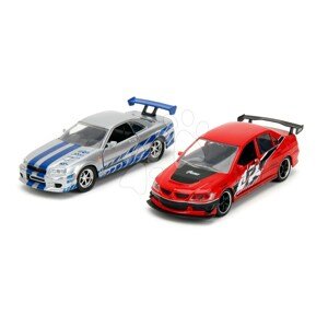 Autíčka Mitsubishi Lancer Evolution IX a Nissan Skyline GTR R34 Fast & Furious Twin Pack Jada kovové s otvárateľnými dverami dĺžka 13 cm 1:32
