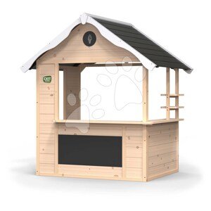 Domček cyprusový Hika Wooden Playhouse Exit Toys s tabuľou na kreslenie kriedou a koleso s 8 aktivitami od 24 mes