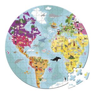 Puzzle v kufríku Zemeguľa World Janod obojstranné okrúhle 208 dielov od 7 rokov