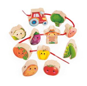 Drevená reťaz prevliekačka Zelenina Vegetable Garden Threading Beads Janod 11 drevených dielikov a 2 šnúrky od 24 mes