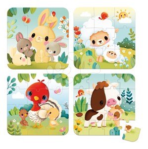 Puzzle v kufríku Zvieratká z farmy 4v1 Animal Progressive Puzzle Janod 6-9-12-16 dielov od 24 mes J03319