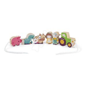 Drevená reťaz prevliekačka Farma Stringable Farm Theme Beads Janod 11 drevených dielikov a 2 šnúrky od 24 mes J05315