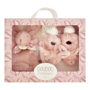 Darčeková sada pre bábätko Slipper Gift Set Pink Lapin Doudou et Compagnie papučky a zajačik na maznanie ružová 15 cm v darčekovom balení od 0 mes