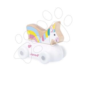 Drevené autíčko na tlačenie Enchanted Kingdom Wooden Unicorn Carriage Cross Roads Janod s jednorožcom biele od 12 mes J05922