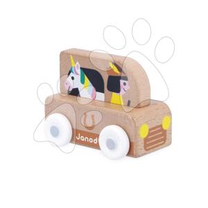Drevené autíčko na tlačenie Enchanted Kingdom Wooden Unicorn Van Cross Roads Janod s jednorožcom hnedé od 12 mes J05926
