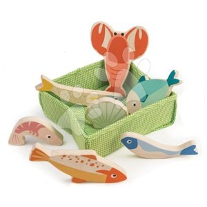 Drevené ryby a dary mora Fish Crate Tender Leaf Toys 7 kusov v textilnom košíku