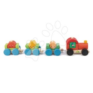 Drevený skladací vláčik Happy Train Tender Leaf Toys 14-dielna súprava s 3 vozňami a geometrickými tvarmi od 18 mes