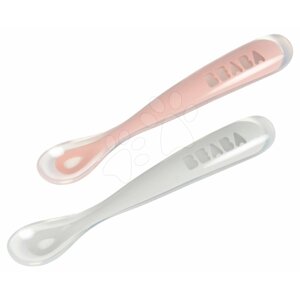 Sada 2 ergonomických lyžičiek Beaba 1st age Pink Spoon 13 cm z mäkkého silikónu na samostatné jedenie ružová od 4 mes