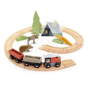 Drevená vláčikodráha v horách Treetops Train Set Tender Leaf Toys s vlakom zvieratkami a chatou