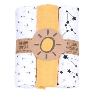 Mamo-Tato Mušelínové plienky 3ks 80x80cm + žinka zadarmo - White/Stars/Mustard 33