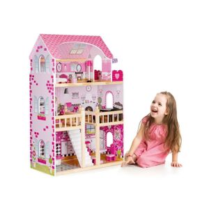 Ecotoys  Ecotoys Veľký drevený domček pre bábiky s nábytkom a osvetlením ružový
