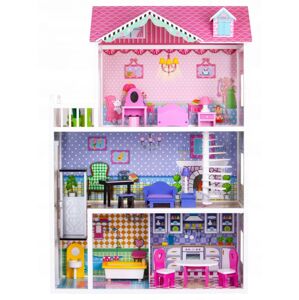 Ecotoys  Ecotoys Veľký drevený domček pre bábiky s nábytkom a výťahom jahodová rezidencie